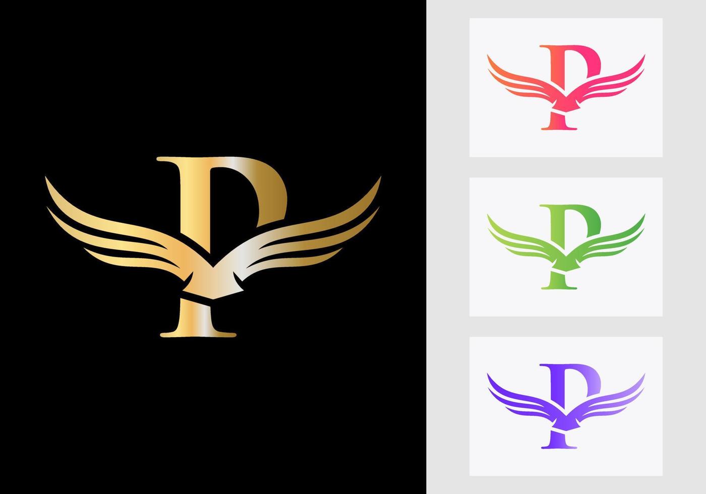 diseño del logotipo del ala de la letra p. símbolo inicial del ala voladora vector