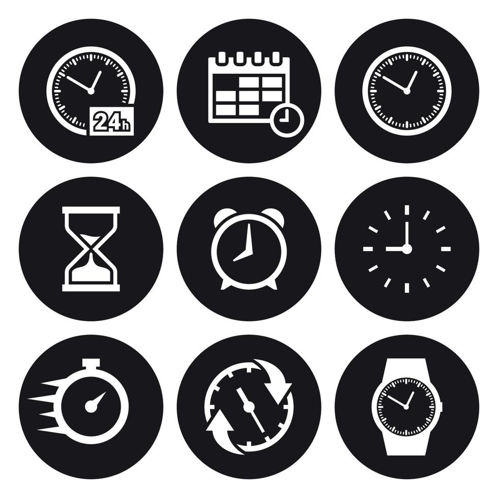 conjunto de iconos relacionados con el tiempo. blanco sobre un fondo negro vector