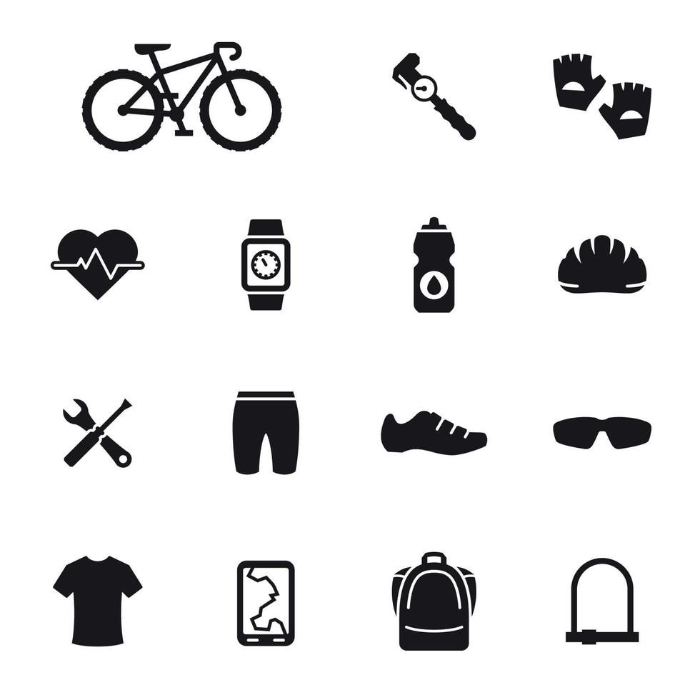 iconos de accesorios para bicicletas y ciclismo. Negro sobre un fondo blanco vector