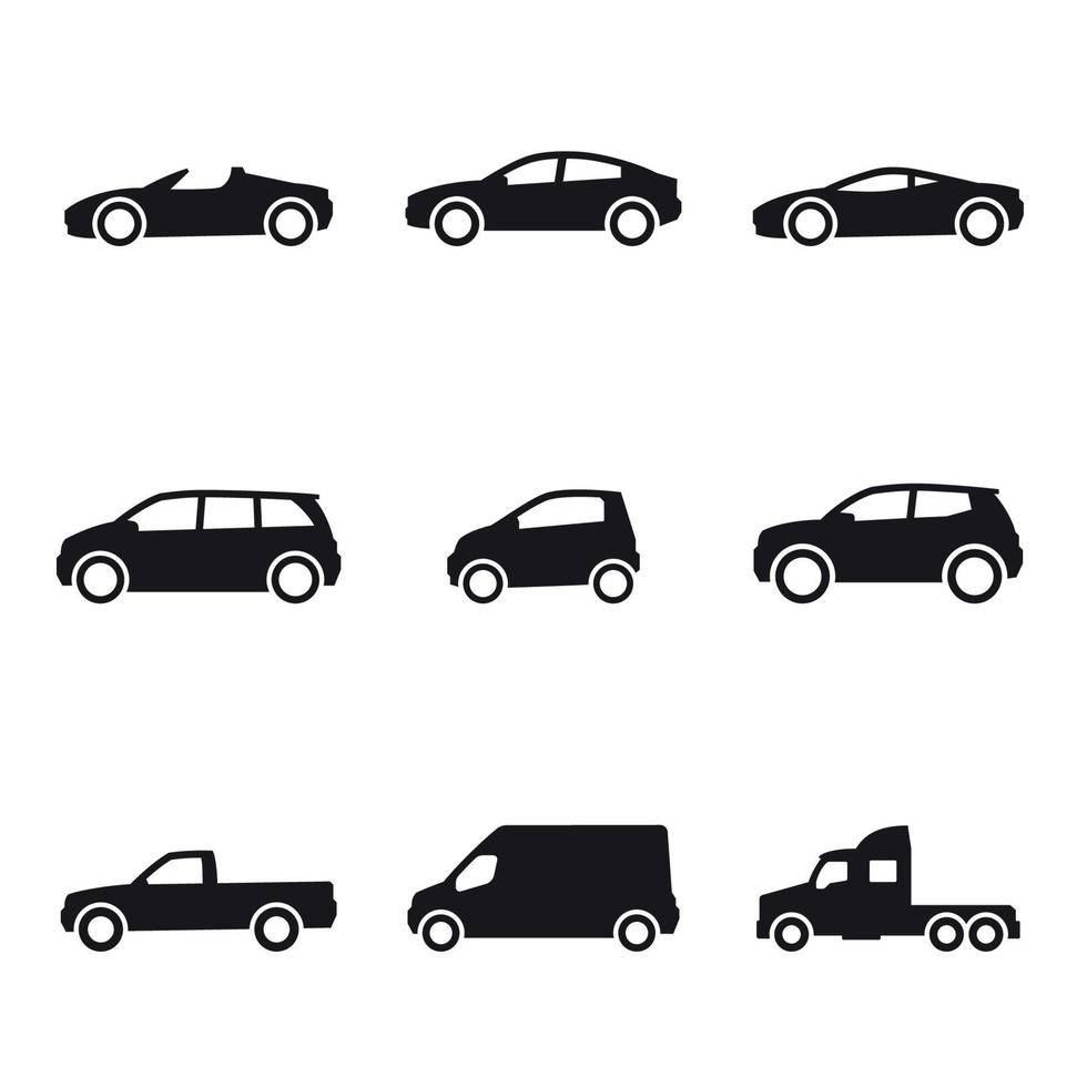 conjunto de iconos de coches. Negro sobre un fondo blanco vector