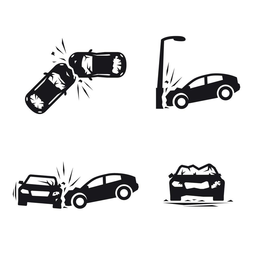 Crashed Cars vector Car eccident icons set. Black on a white background