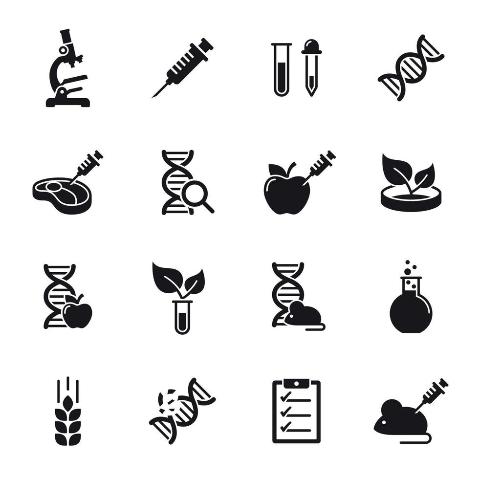 GMO, Genetics icons set. Black on a awhite background vector