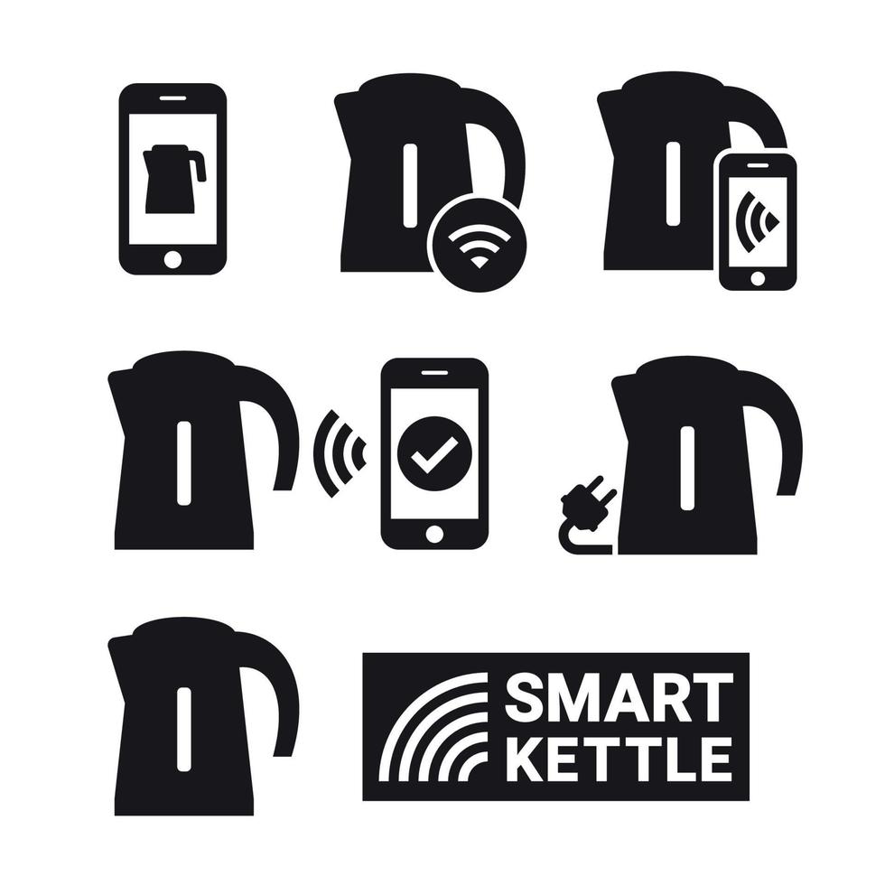 Smart kettle and smartphone controls. Smart kettle icons. Black on a white background vector