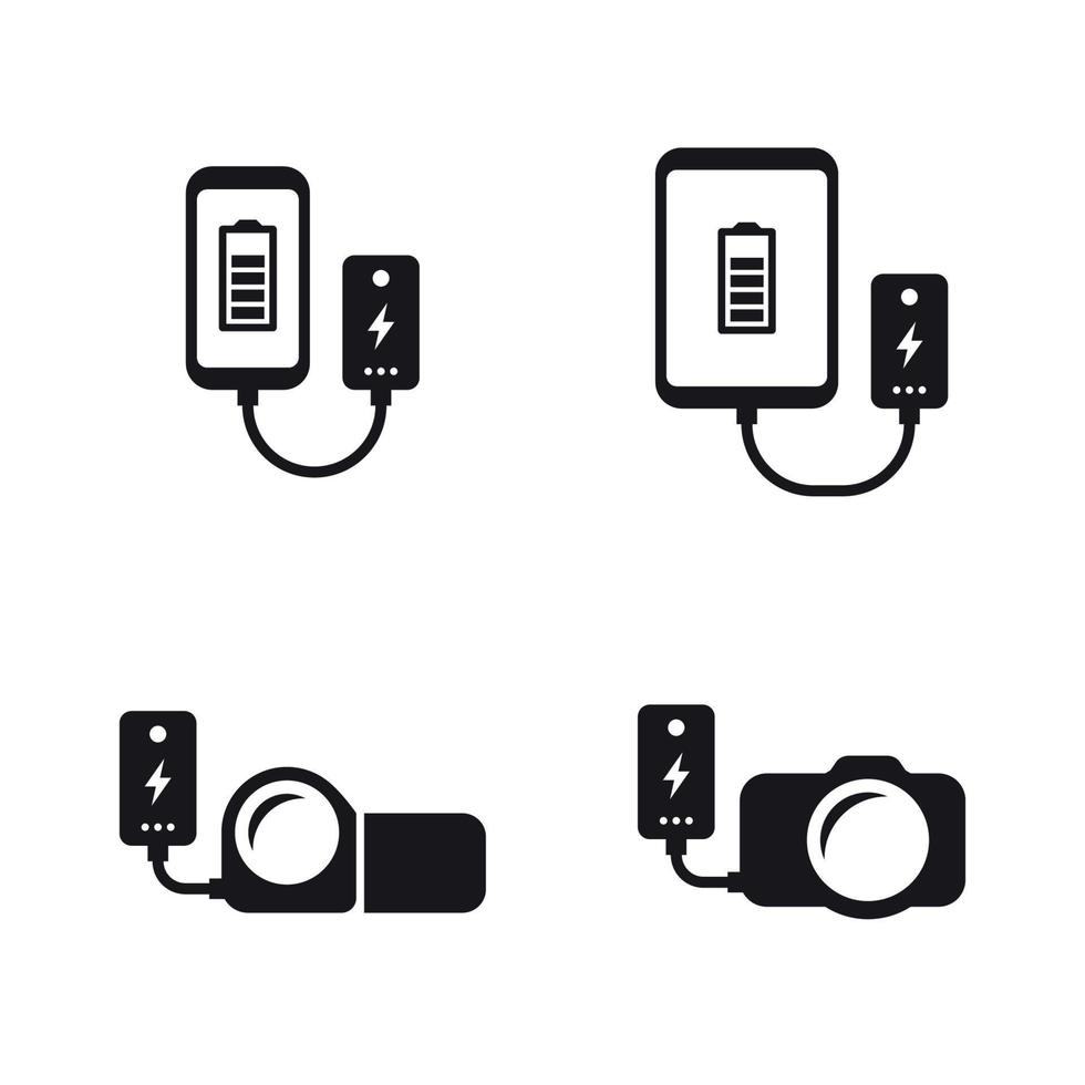 Banco de energía. tableta, cámara, conjunto de iconos de teléfono. Negro sobre un fondo blanco vector