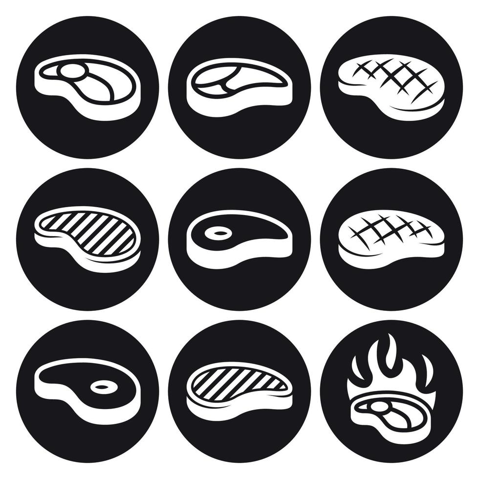 conjunto de iconos de bistec. blanco sobre un fondo negro vector
