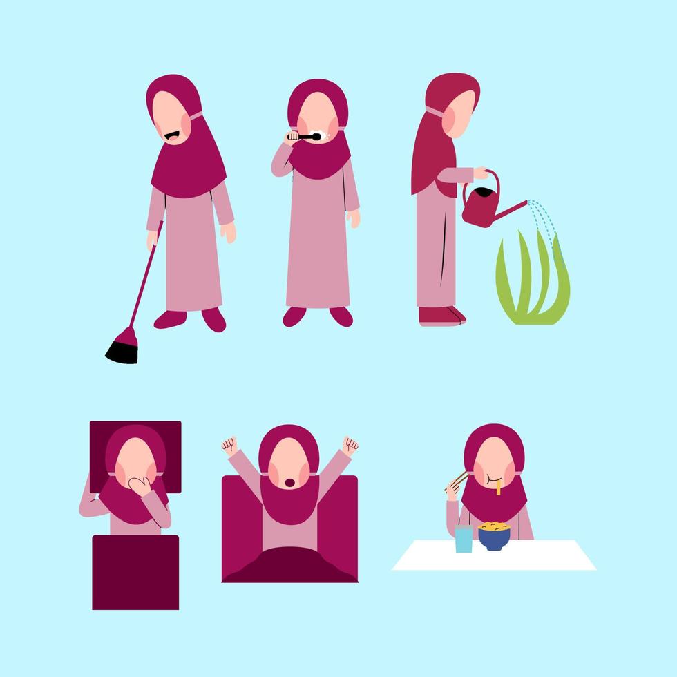 Set Of Hijab Kid Doing Daily Activity vector