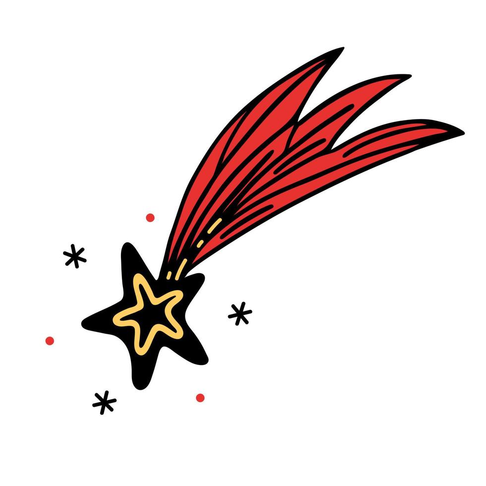 icono de vector de cometa cayendo. ilustración dibujada a mano aislada en blanco. meteorito celeste en forma de estrella. meteorito espacial brillante con una cola roja. garabato de dibujos animados simple. imágenes prediseñadas planas para web