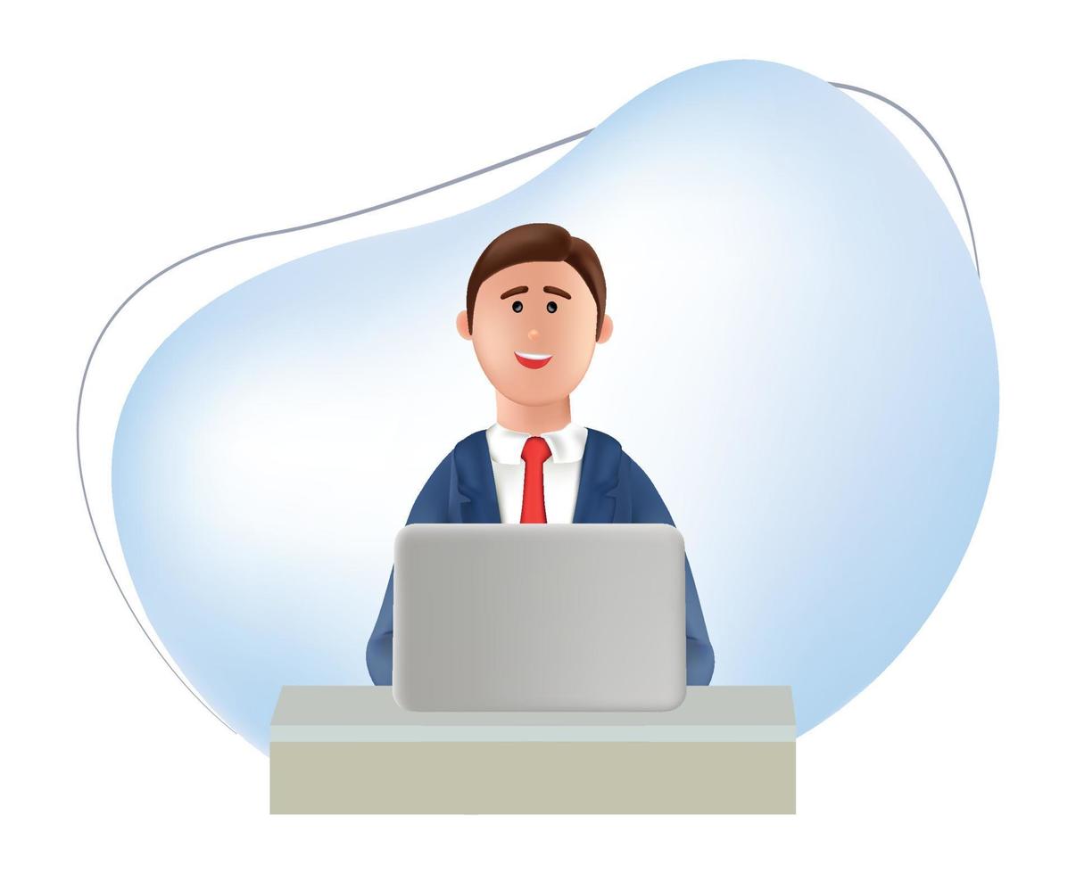 3d illustration of businessman sitting at desk using laptop. 3d illustration of businessman working on laptop vector