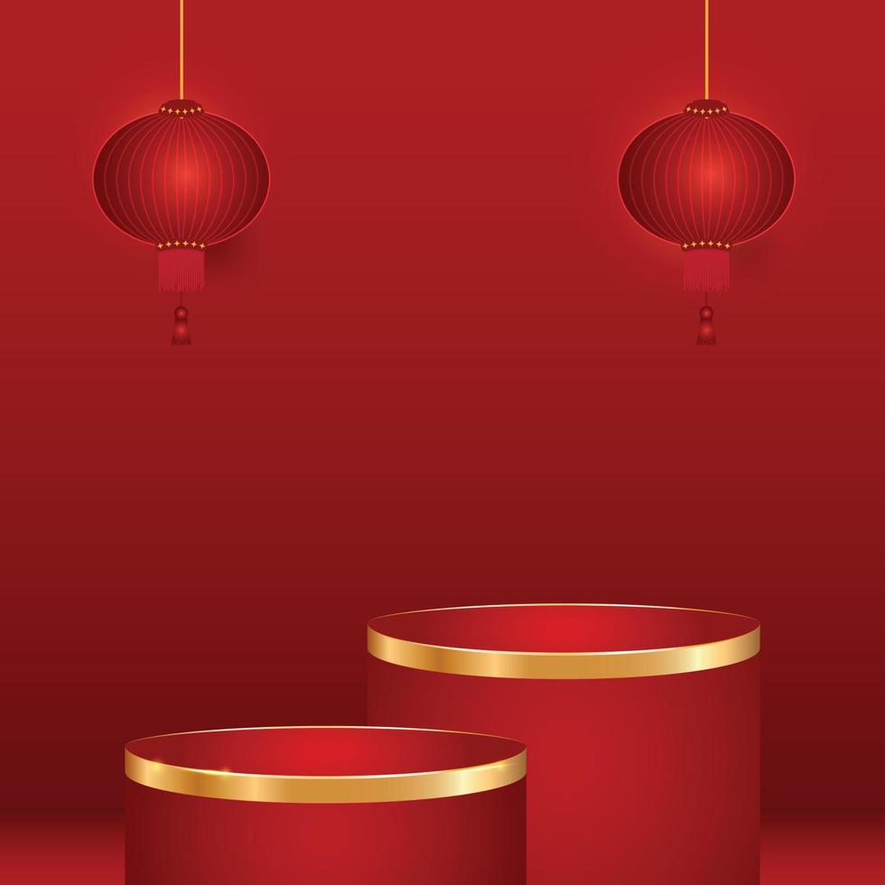 Red podium and golden line with chinese lantern on red background vector