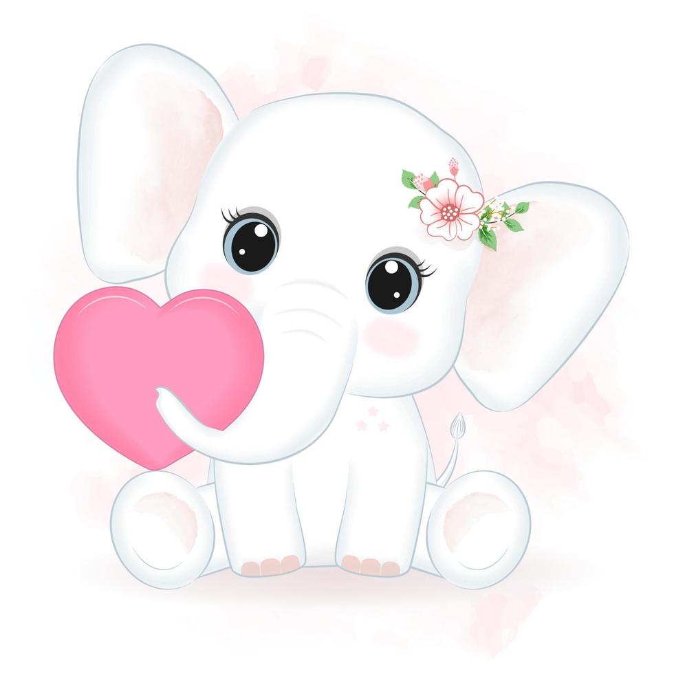 Cute little Elephant and heart hand drawn illustration vector