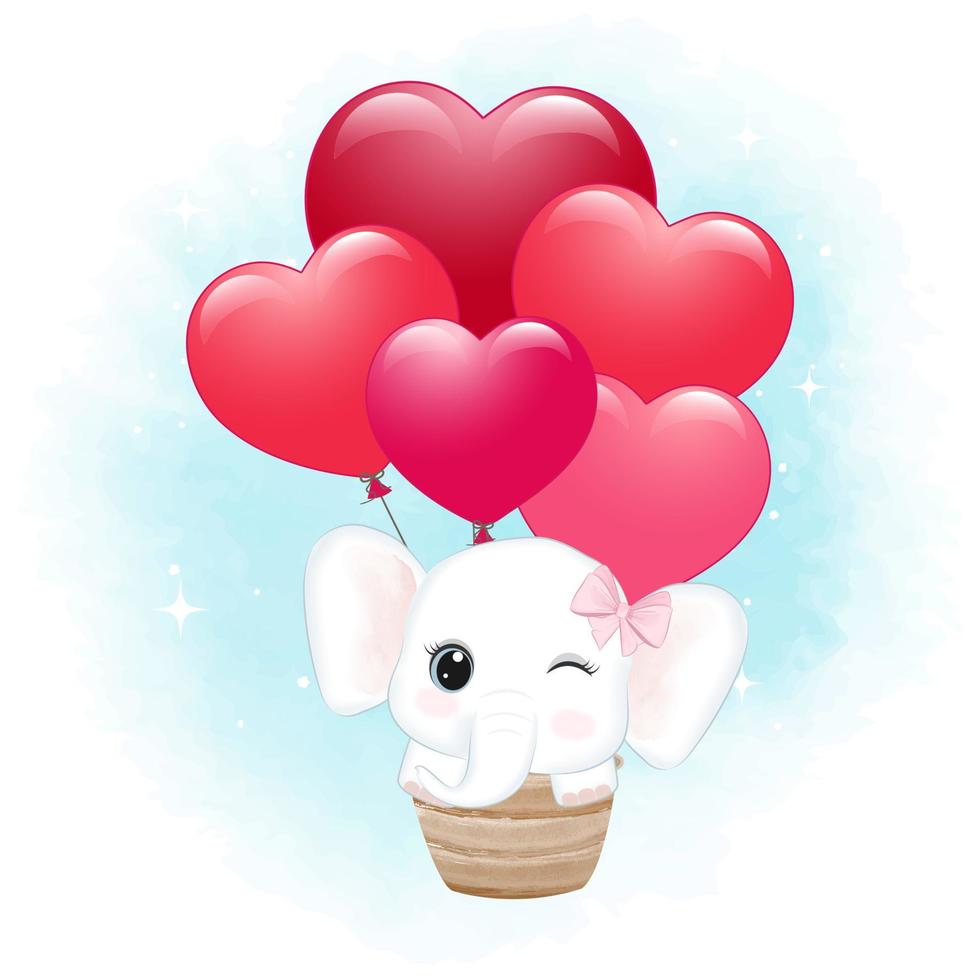 lindo elefante pequeño en globo de aire caliente dibujado a mano caricatura animal acuarela, ilustración del concepto del día de san valentín vector