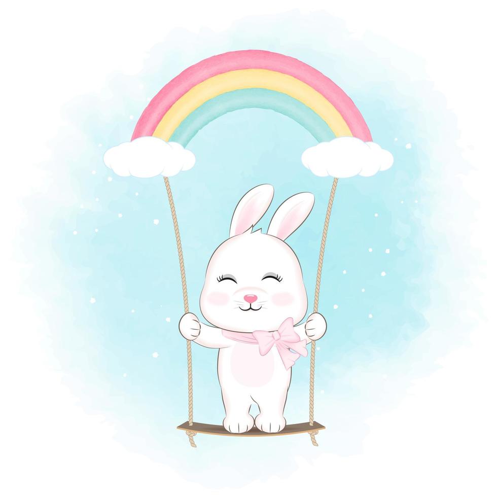 Cute Little Bunny on the swing, cartoon illustration vector