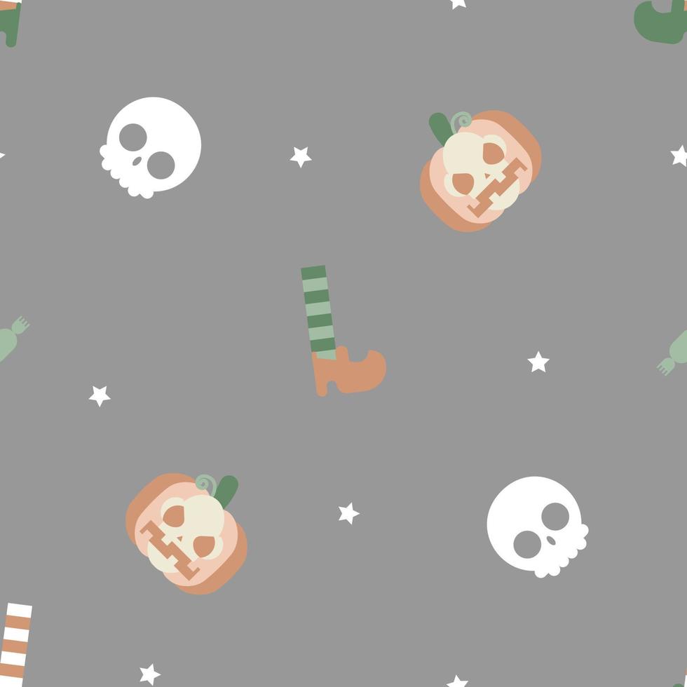 seamless soft pastel happy halloween holiday festival with pumpkin, sock and shoes, candy and skull repeat pattern in grey background flat vector illustration design