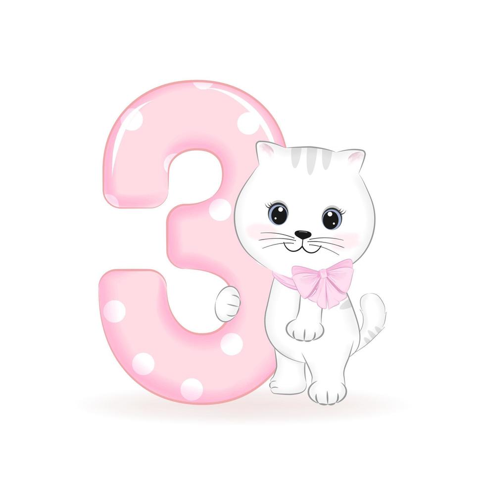 Cute little Cat, Happy birthday 3 years old vector