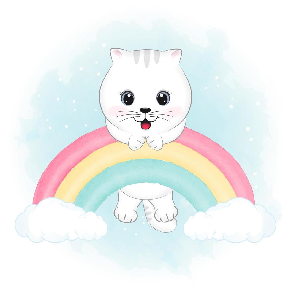 lindo gatito blanco colgando de la ilustración de dibujos animados del arco iris vector