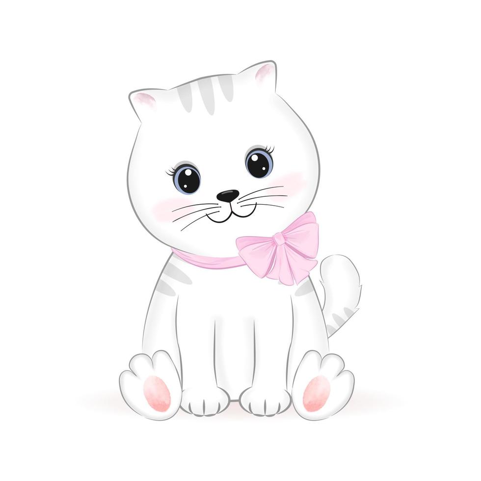 Cute little white Cat, animal cartoon illustration vector