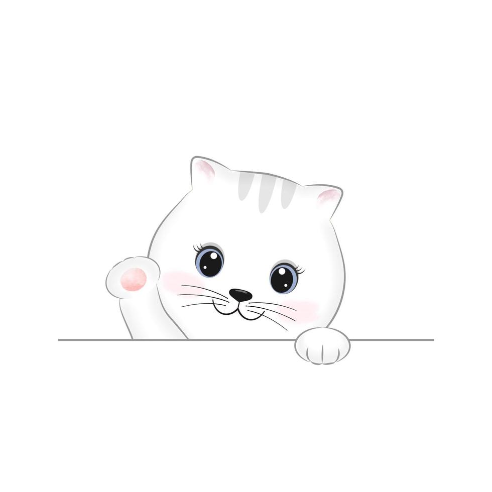 Cute little white cat waving paw cartoon illustration vector