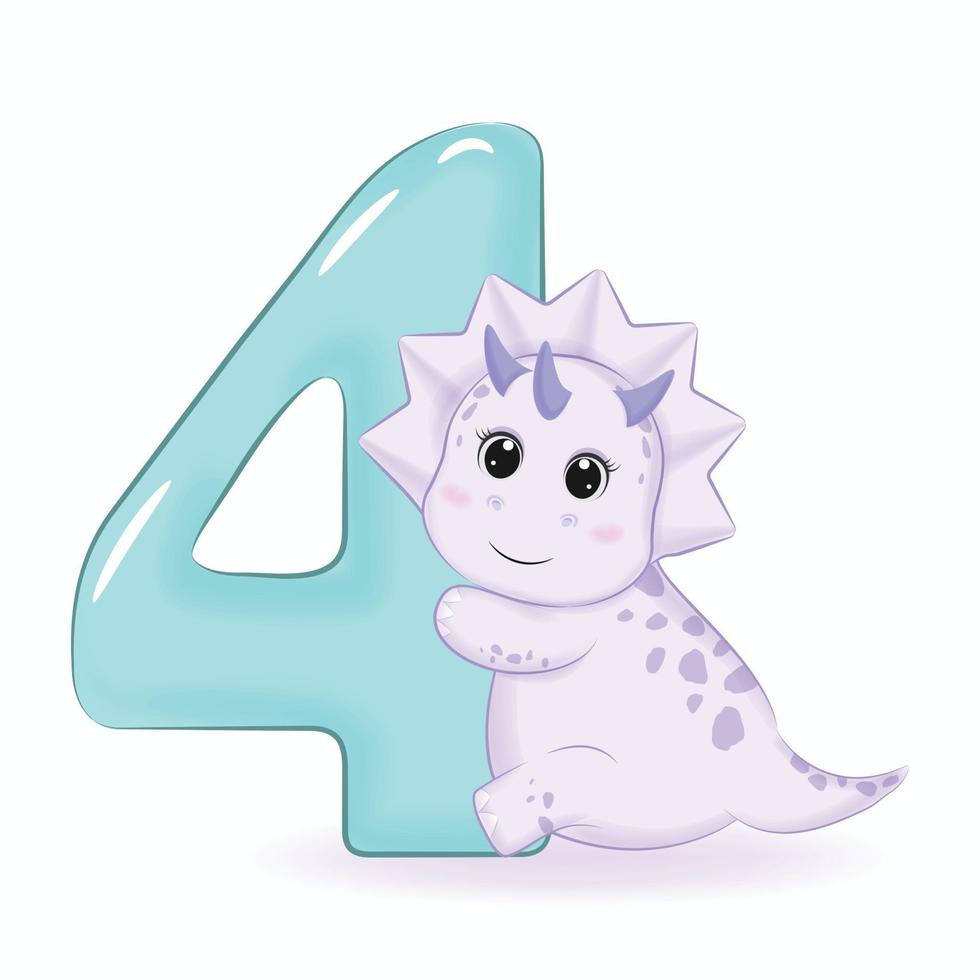 pequeño dinosaurio lindo con el alfabeto número 4 vector