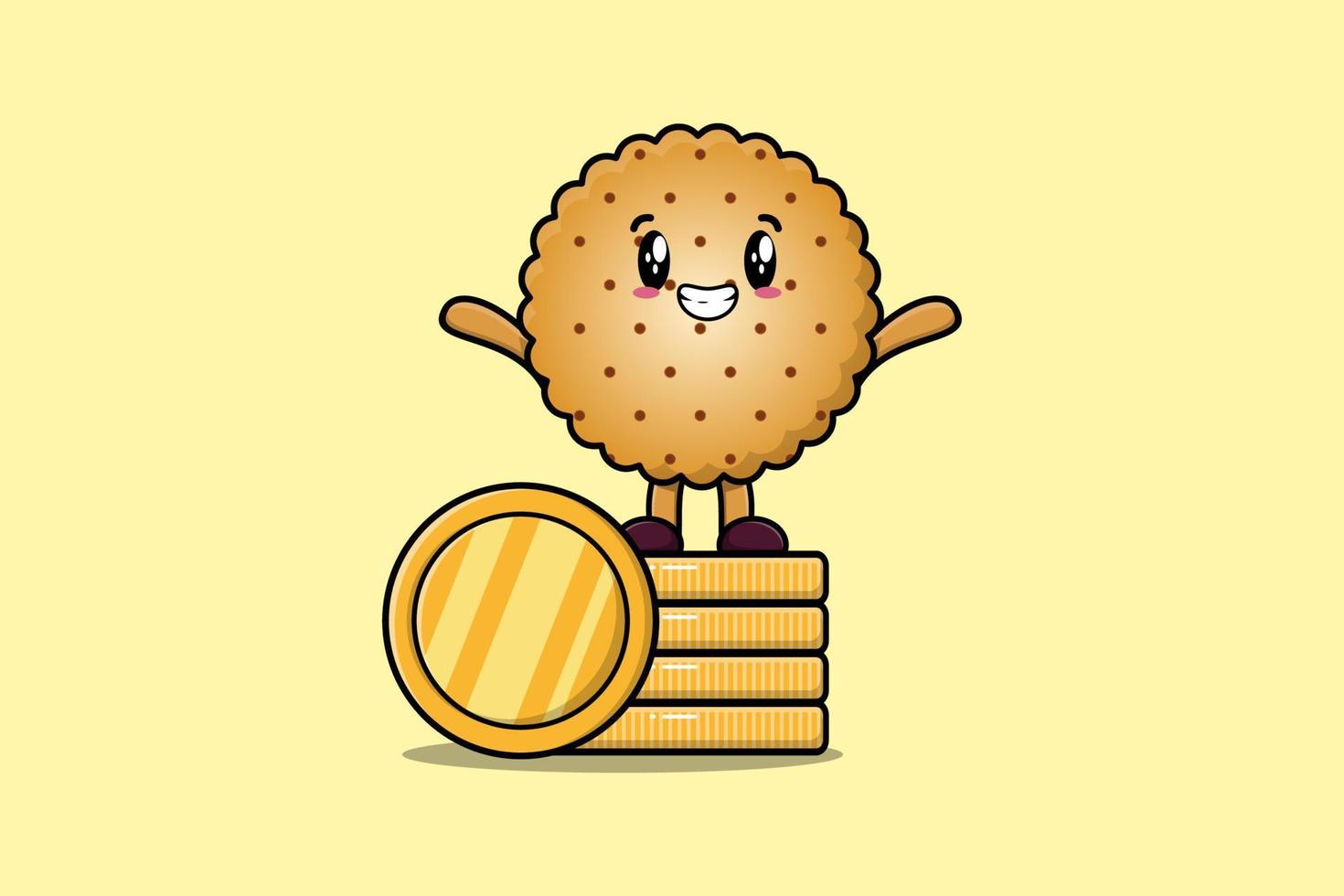 lindas galletas de dibujos animados de pie en una moneda de oro apilada vector