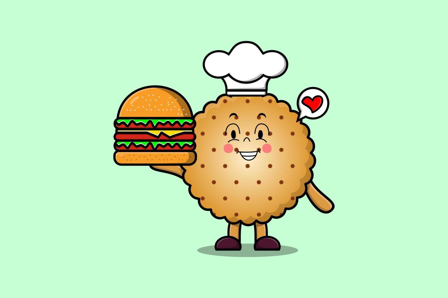 personaje de chef de galletas de dibujos animados lindo con hamburguesa vector