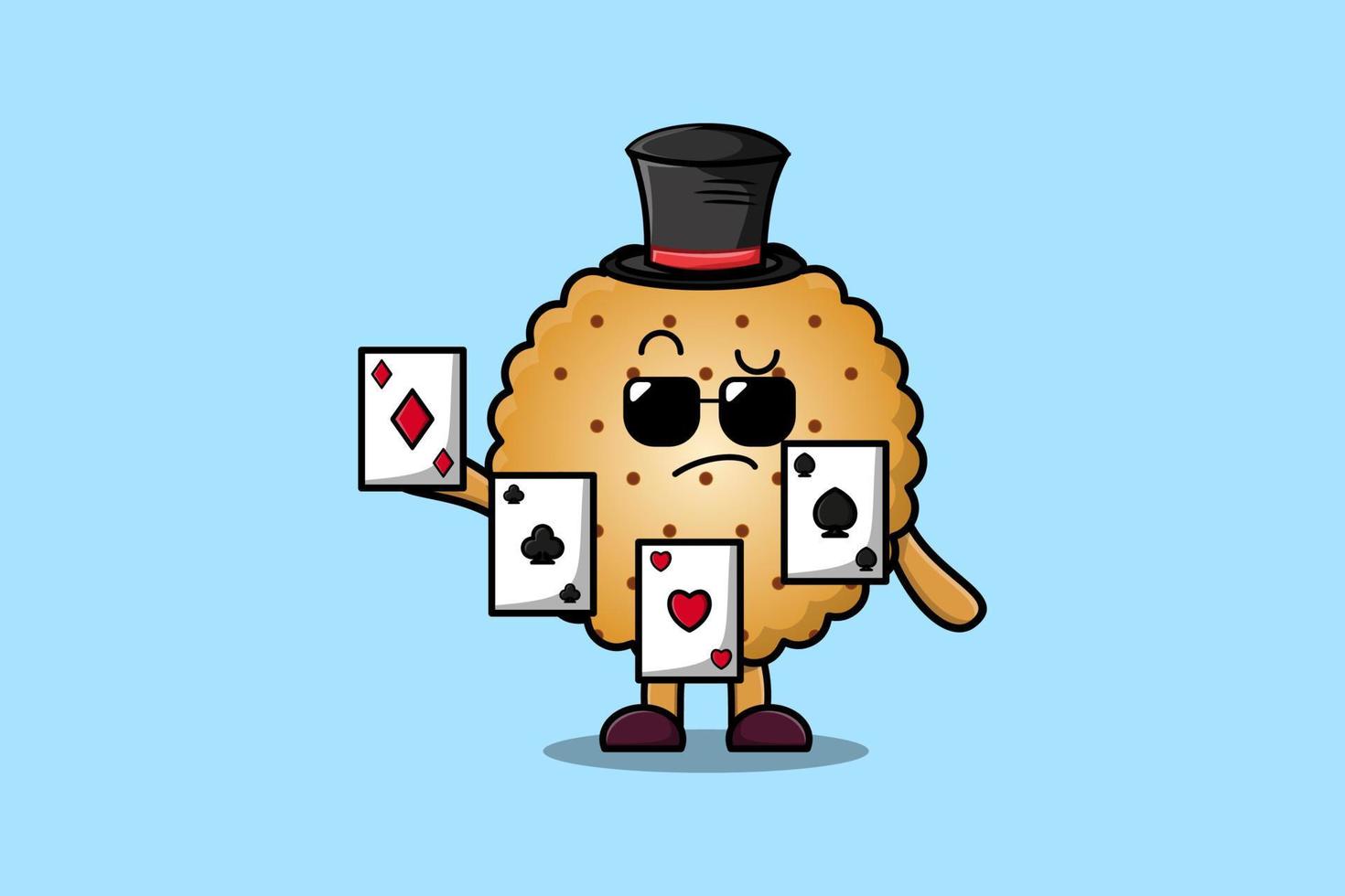 lindo mago de galletas de dibujos animados jugando cartas mágicas vector