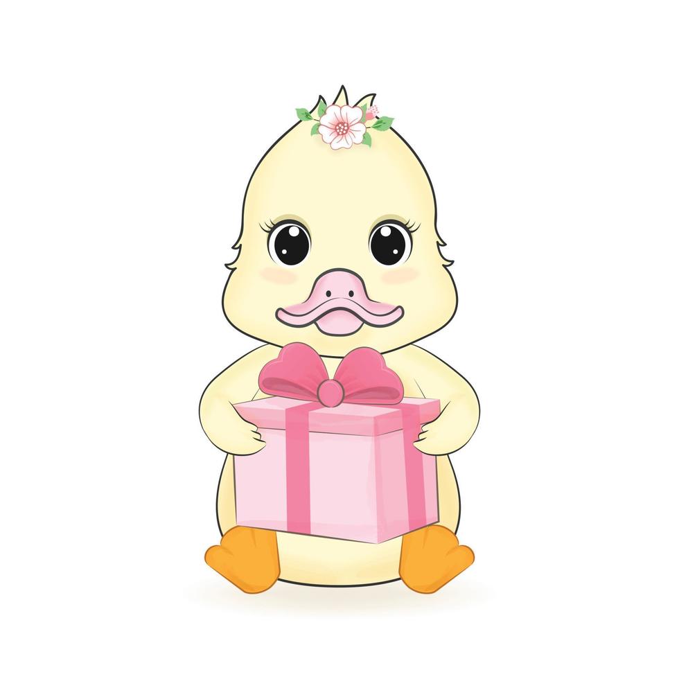 lindo patito con ilustración de dibujos animados de caja de regalo vector