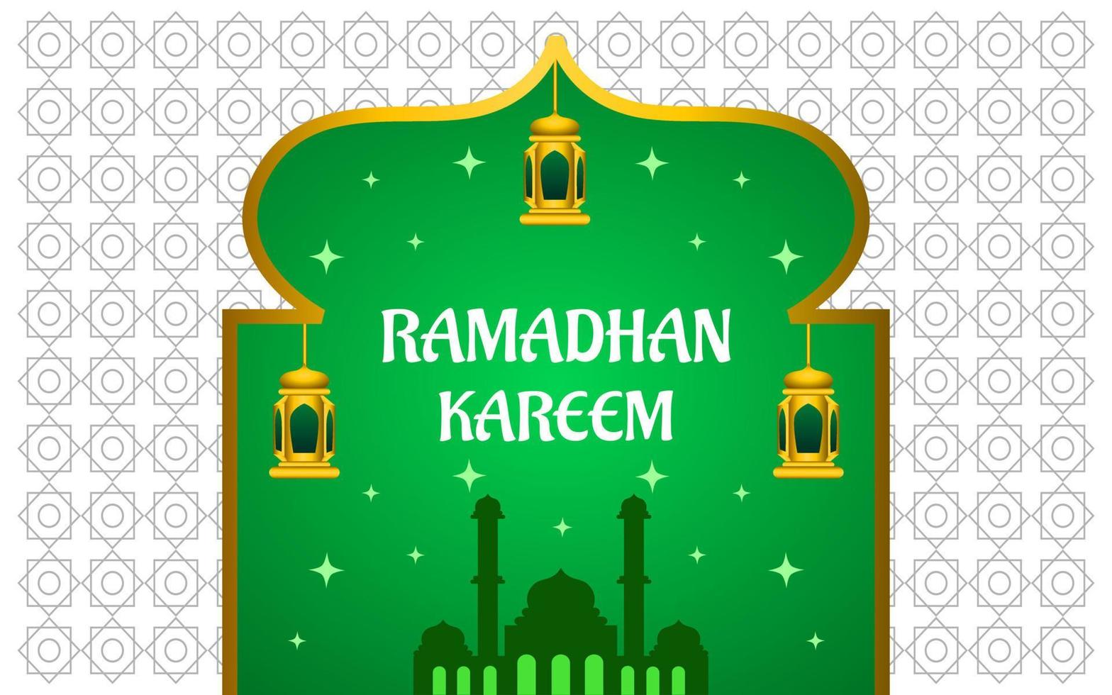 ramadan kareem illustration with mosque and lantern on green color background vector