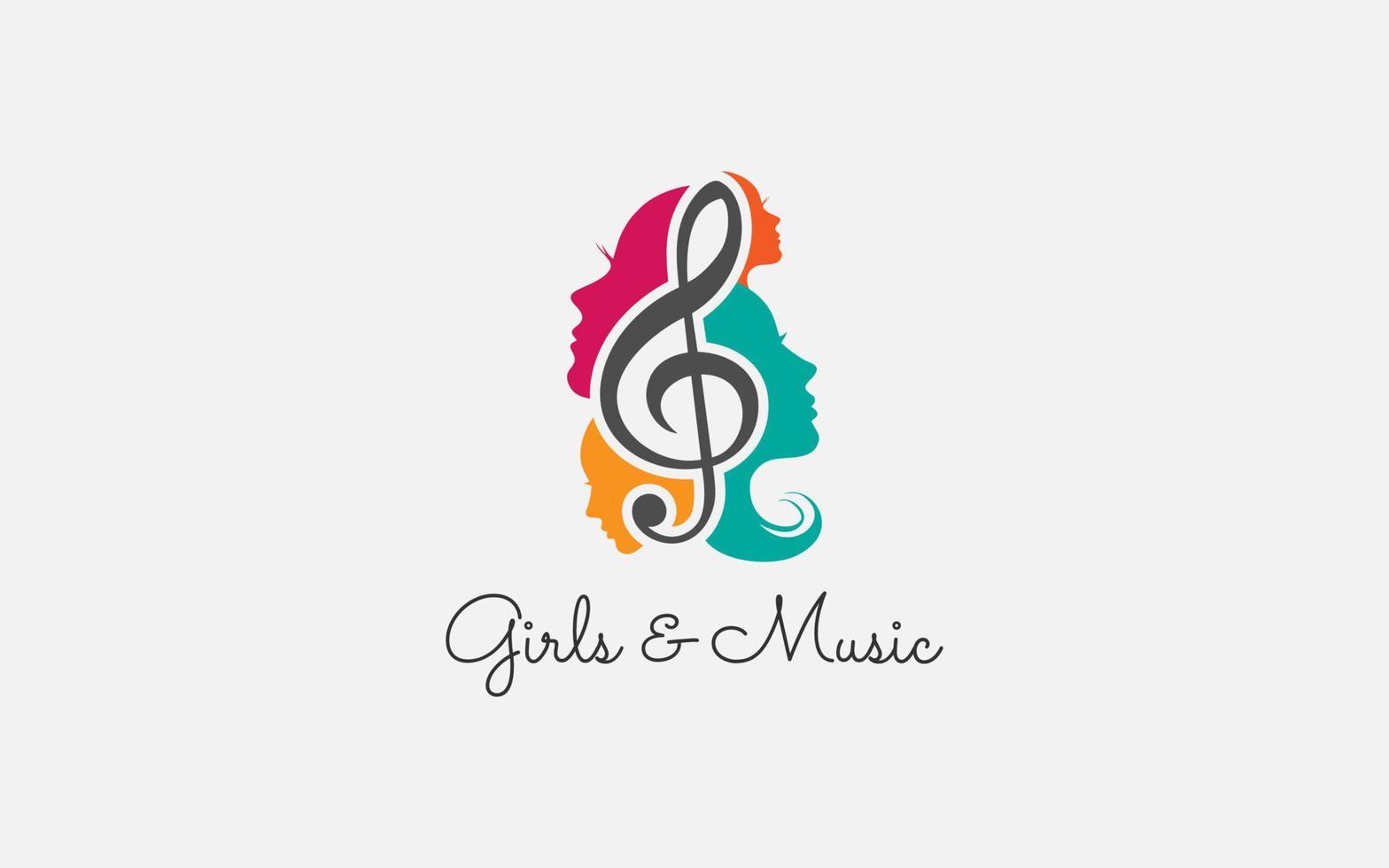 Singer Vocal Karaoke , Choir with Music Notes Treble Clef - Singing Woman Face Silhouette logo design vector