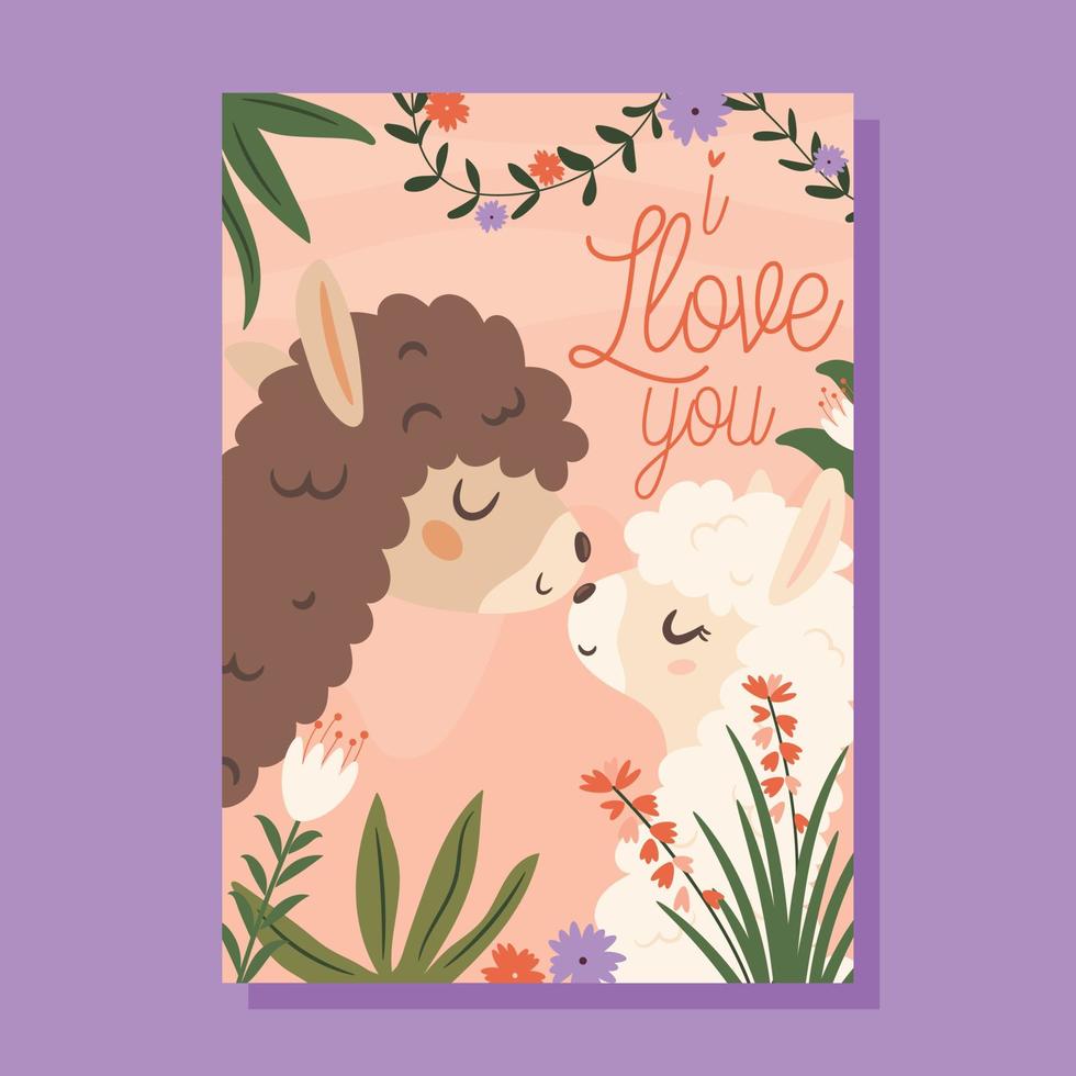 I Llove you. Two llamas couple in love. Valentine's day card concept. Vector Illustration