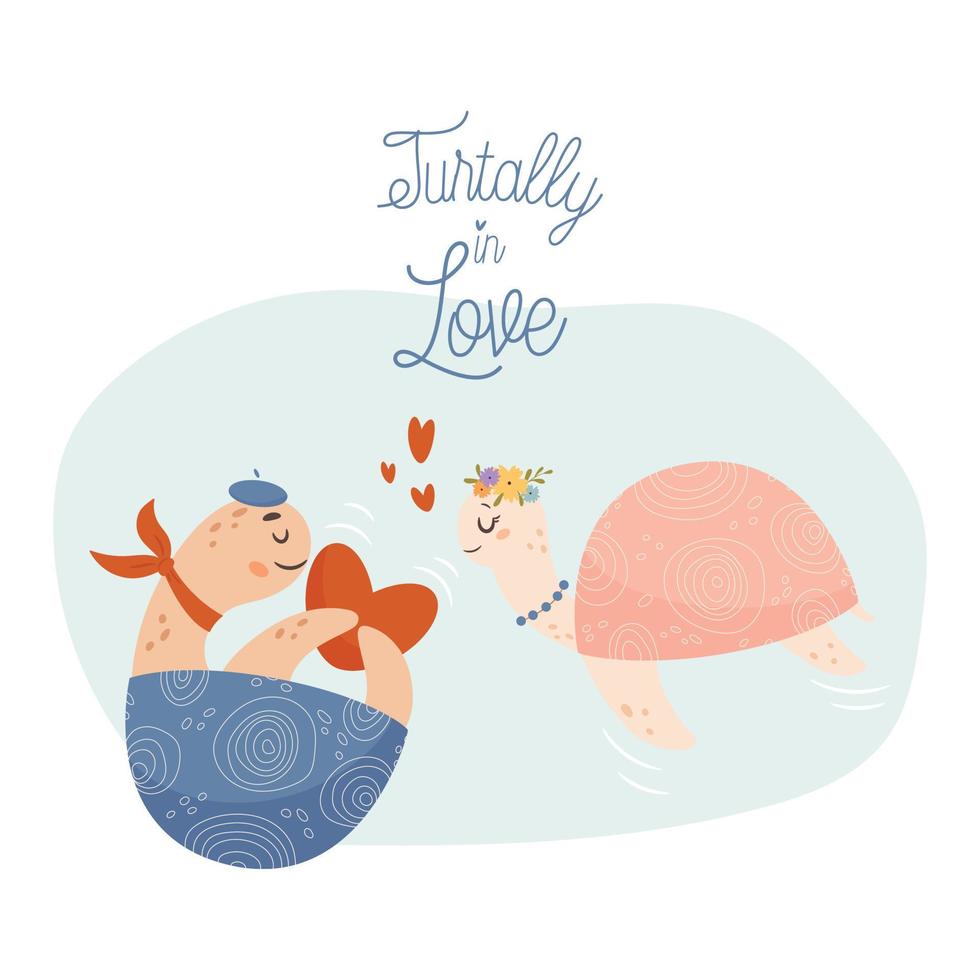 tuertamente enamorado. pareja de tortugas enamoradas. concepto de tarjeta de san valentín. ilustración vectorial vector