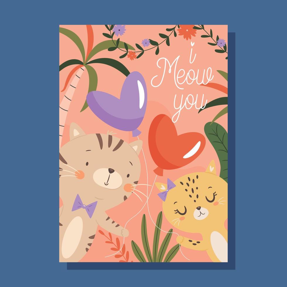 I meow you. Cats couple in love. Valentine's day card concept. Vector Illustration