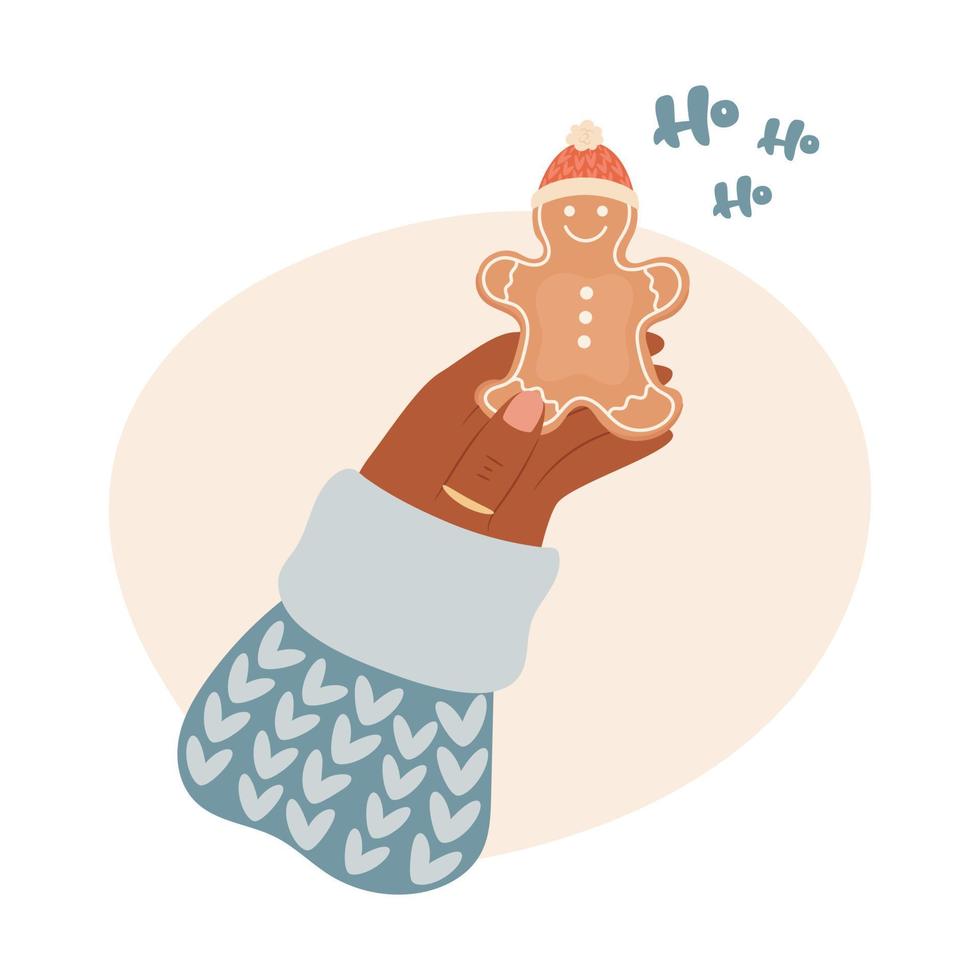 Woman hand holding a gingerbread cookie. Vector illustration