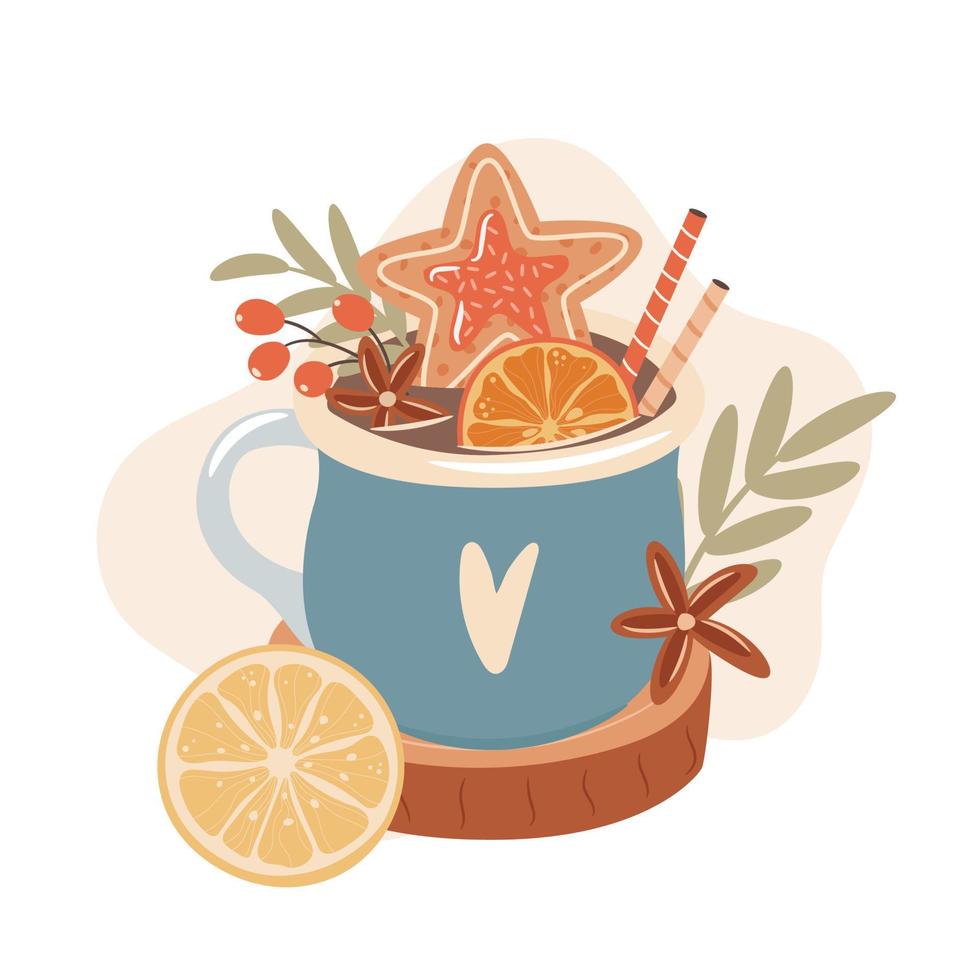 Mug of hot chocolate with Christmas decorations vector