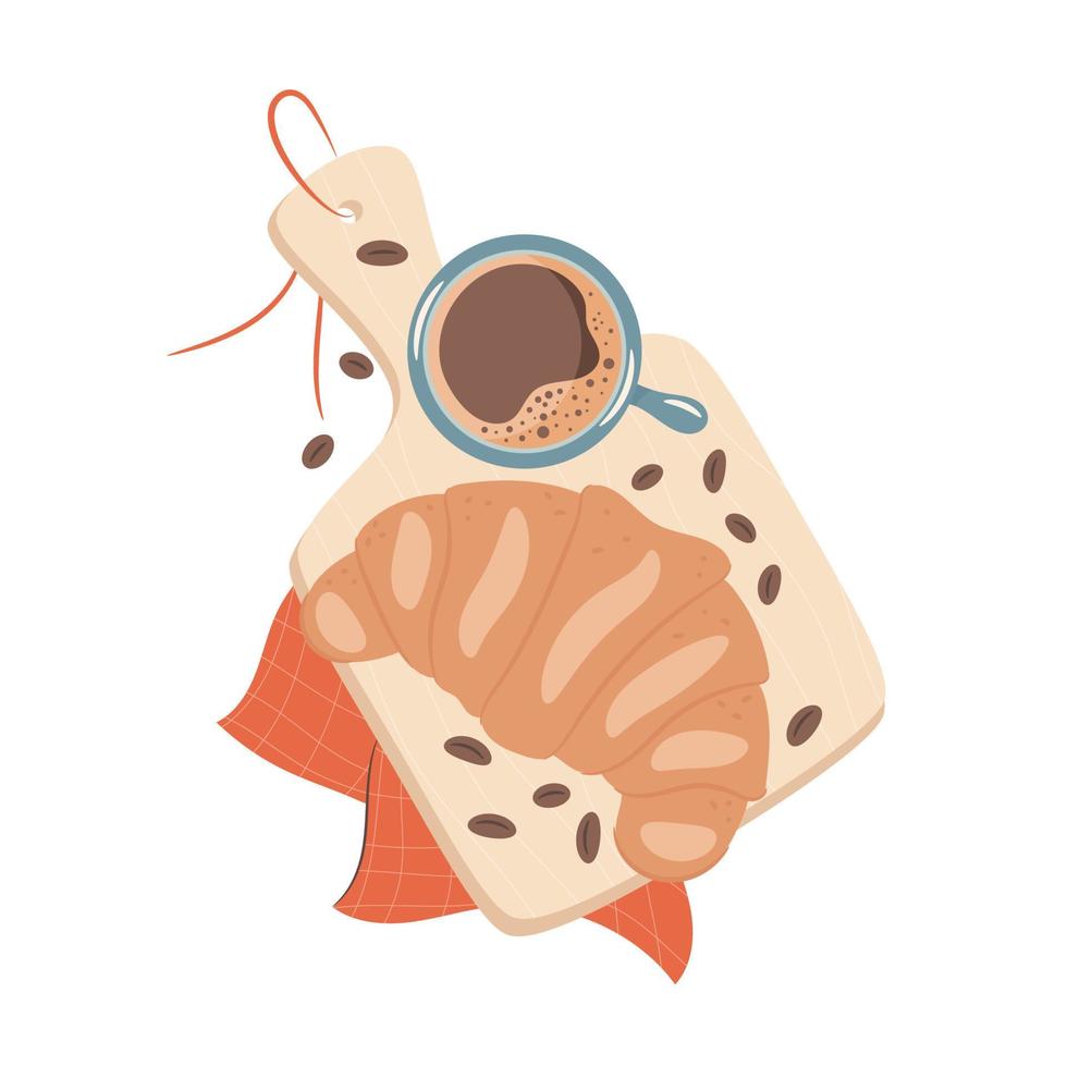 Hot coffee and croissant on the wooden tray. Vector illustration