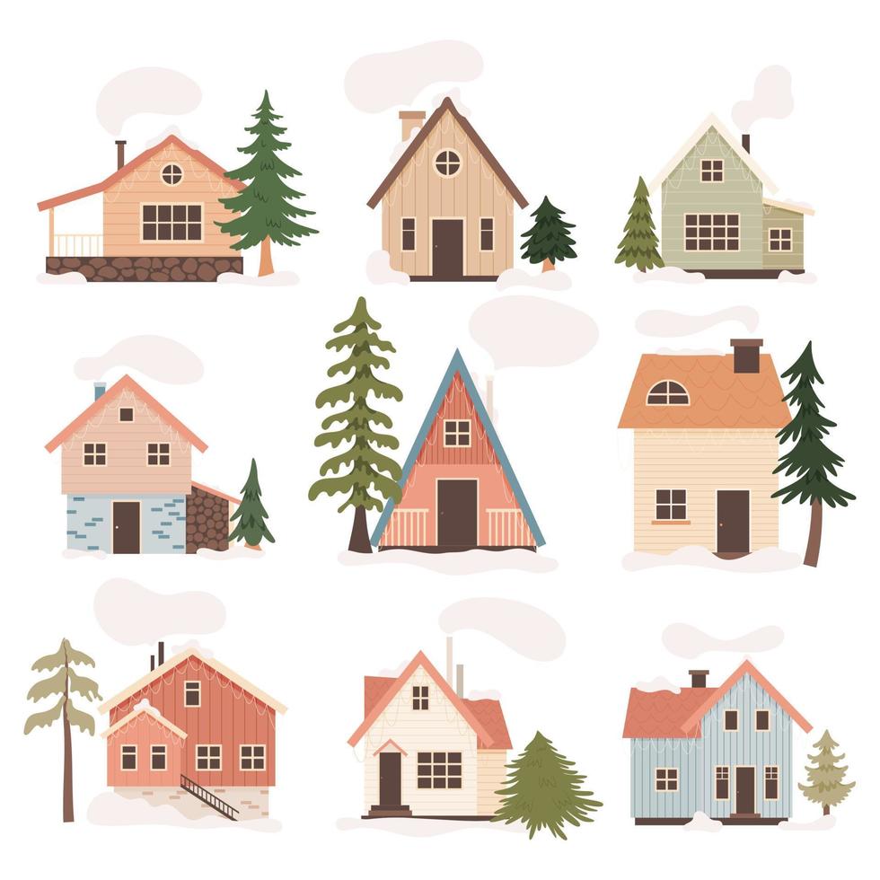 Nordic forest wooden cabins set vector