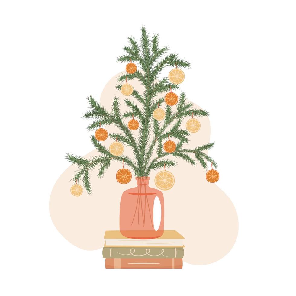 ramas de abeto en un jarrón de cristal decorado con naranjas y rodajas de limón. ilustración vectorial vector