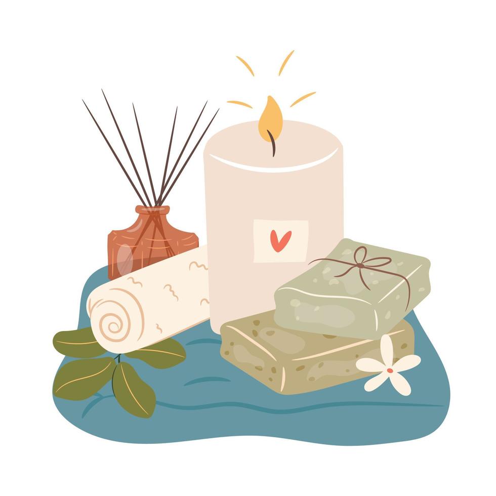 velas, jabón y aroma. concepto de relajación de baño de spa, ilustración vectorial vector