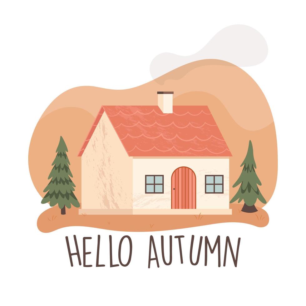Golden fall season. Autumn landscape scene with farm cottage house. Hello Autumn. Vector illustration
