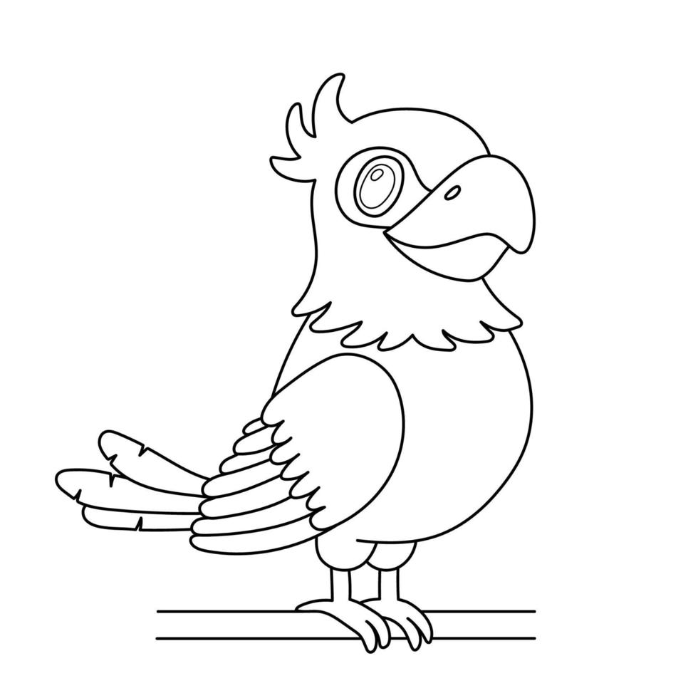 línea pájaro loro sentado en la rama. esquema de dibujos animados lindo personaje aislado en blanco para colorear libro vector