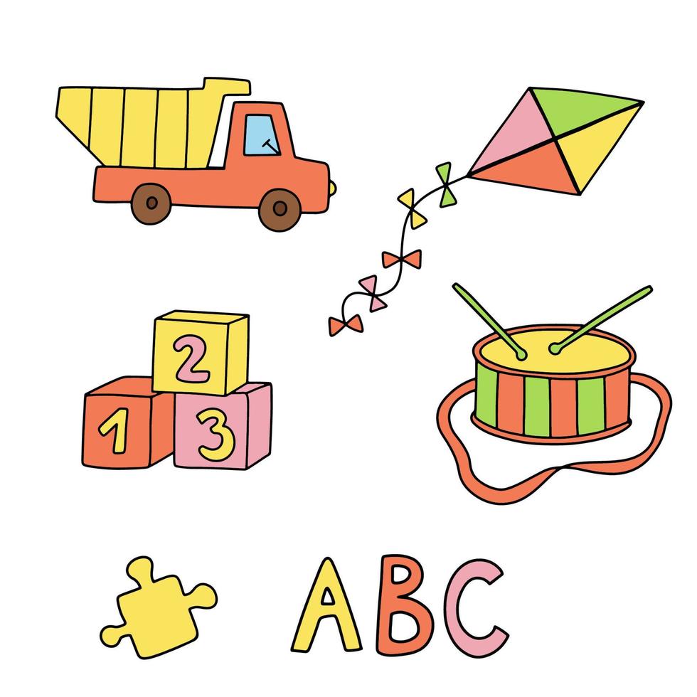 Doodle illustration of kite, drum and dump truck isolated on white background. Set of kids toys vector