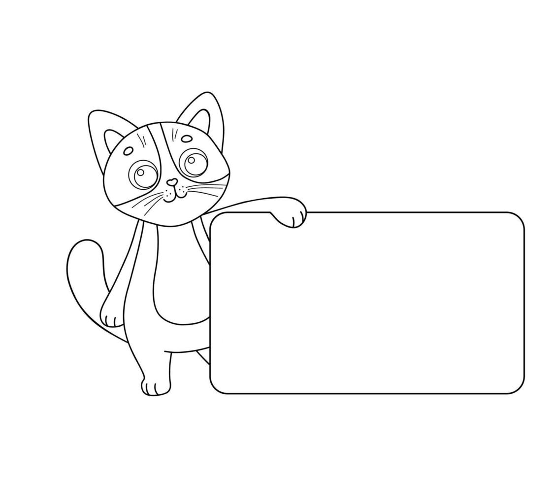 gato de carácter de ilustración vectorial con banner. esquema divertido gatito de dibujos animados agitando la mano. bosquejo de línea animal para colorear libro aislado en blanco vector