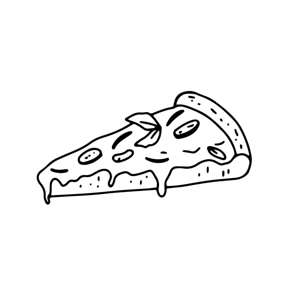 Pizza slice with melted cheese. Hand drawn doodle sketch. Vector outline illustration isolated on white.