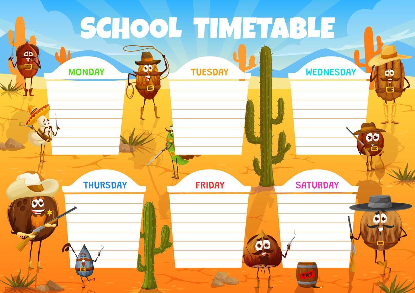 Wild west timetable schedule with cowboy nuts vector