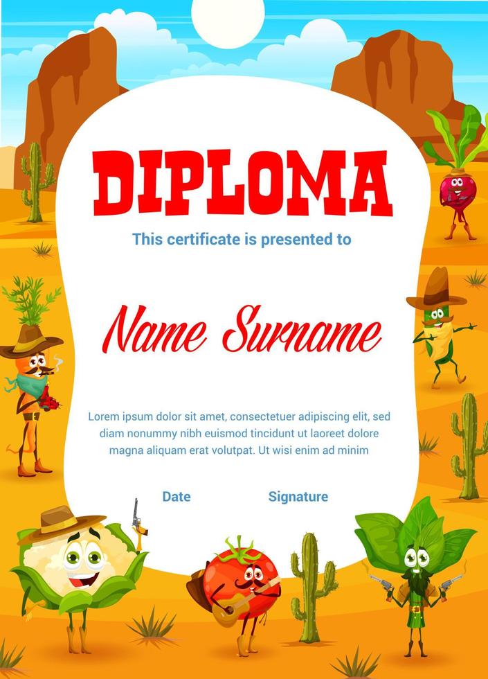 diploma de niños, vaquero, verduras de dibujos animados del sheriff vector