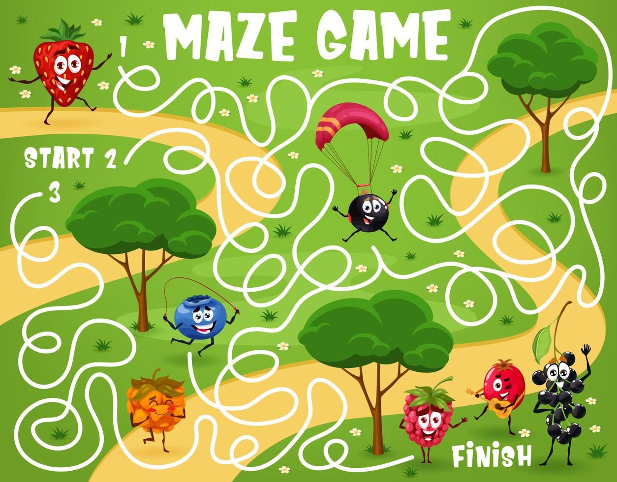 Labyrinth maze game with cartoon berry characters vector