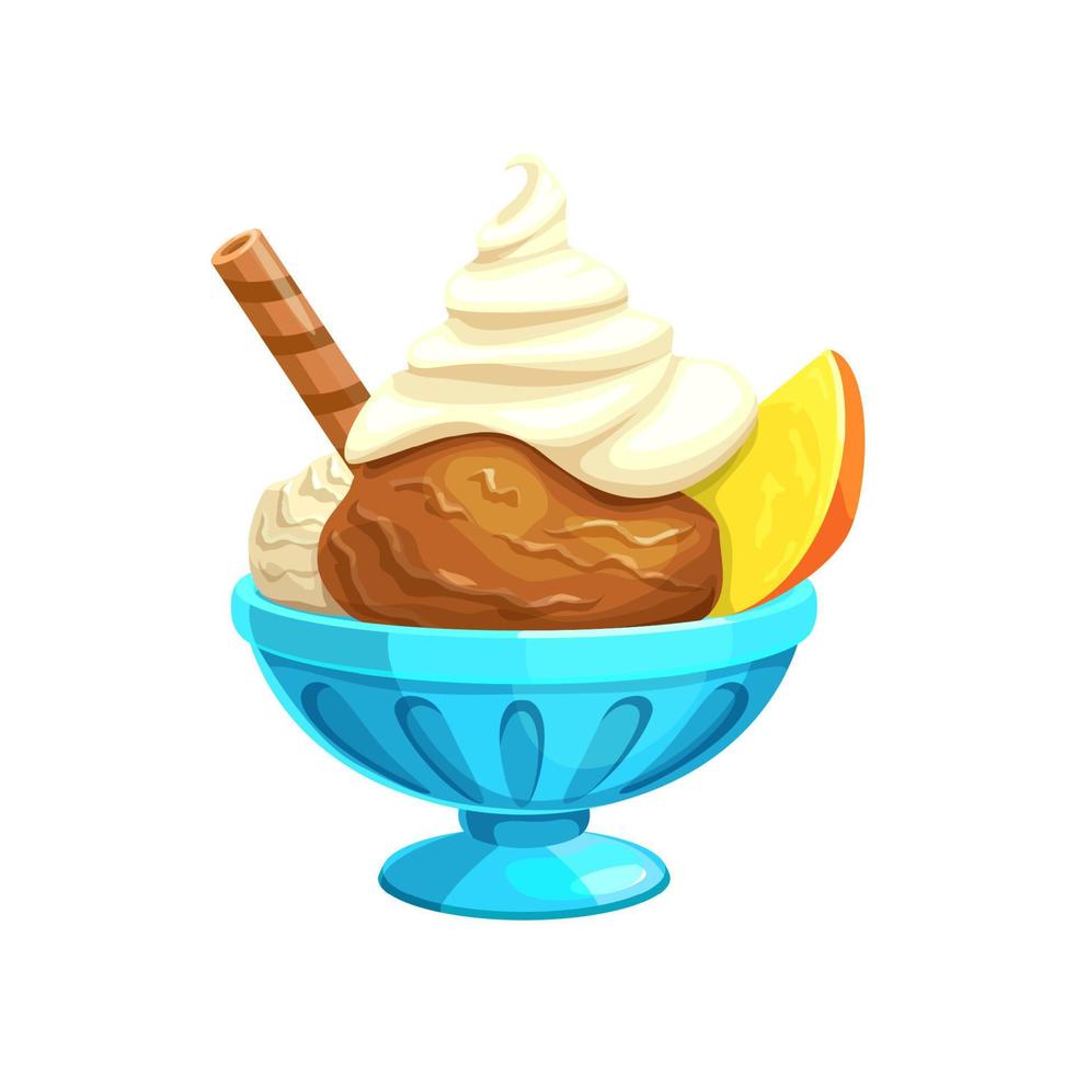 Cartoon ice cream in bowl with waffle and fruit vector
