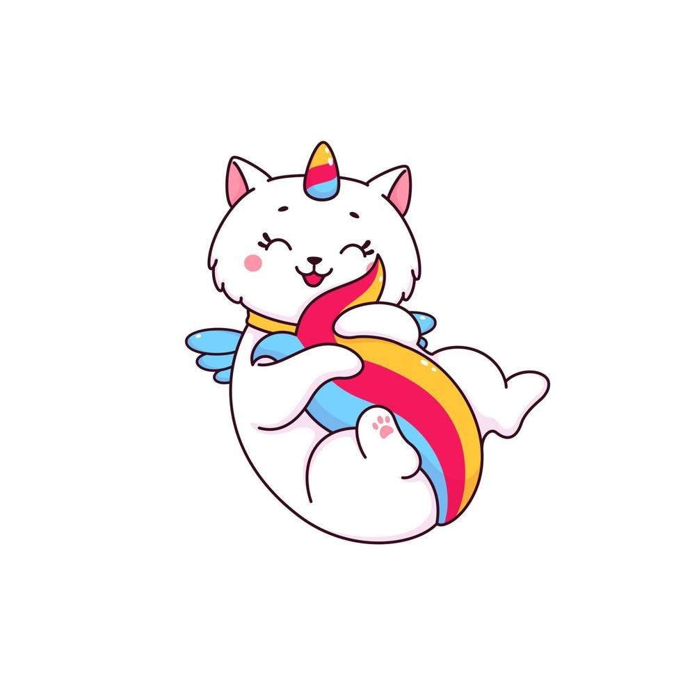 personaje de caticorn lindo de dibujos animados jugando con cola vector