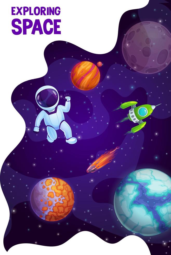 planeta espacial, cohete, cartel de dibujos animados de astronautas vector