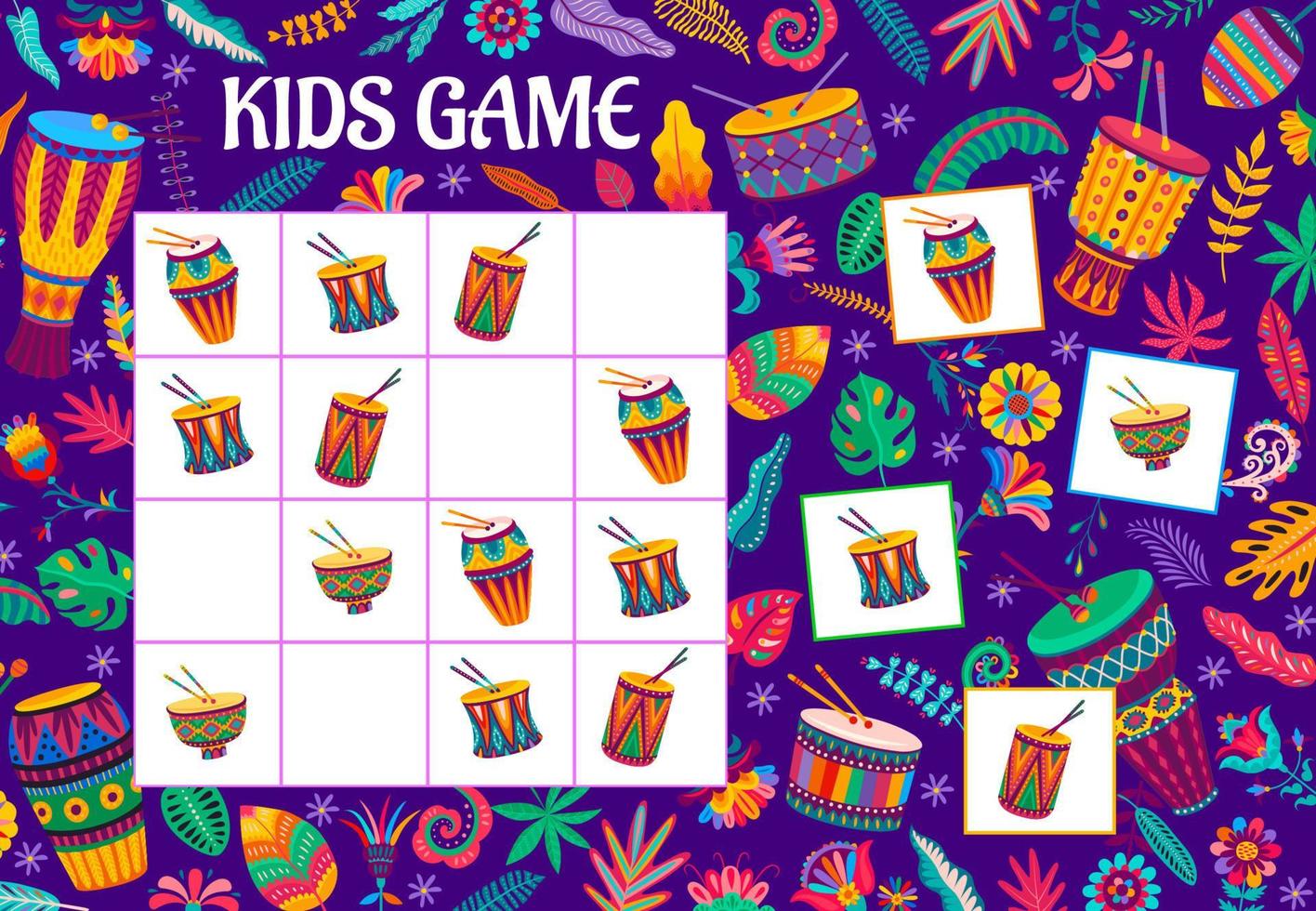 Sudoku game with cartoon african, brazilian drums vector