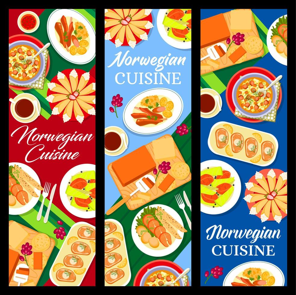 pancartas de cocina noruega, platos de comida y comidas vector